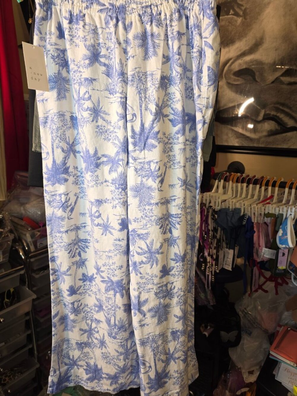 A New Day Womens Blue & White Printed Linen-Blend Elastic Waist Pants Size S Sho